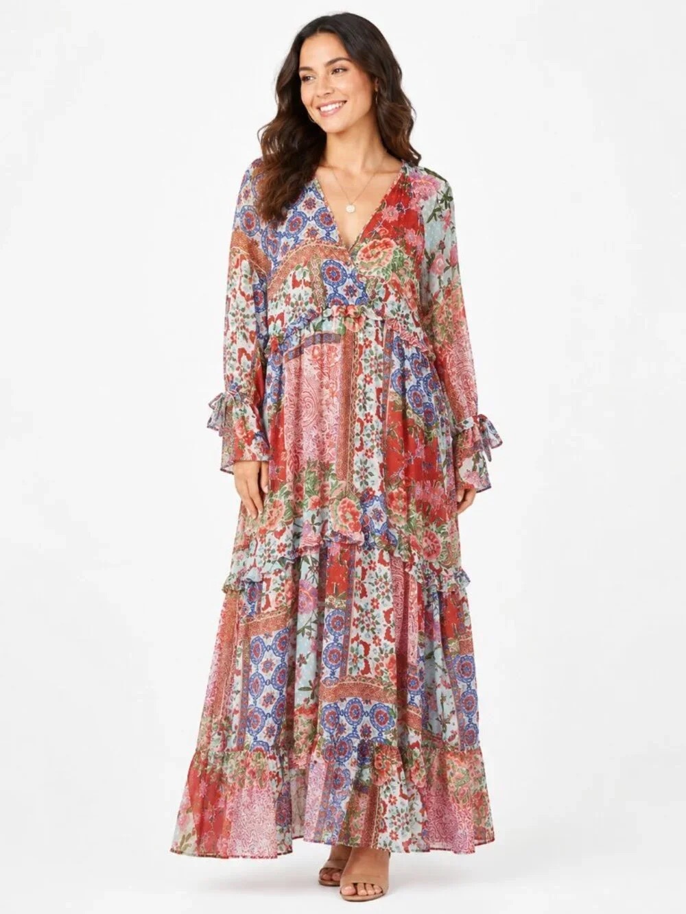 Zara Patchwork Floral Boho Maxi Dress Ruffle Tiered Long Sleeve Size Small